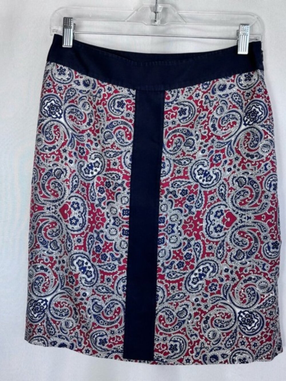 Brooks Brothers 100% Silk Paisley print Pencil Skirt Navy Red White Size 2 Lined - Picture 2 of 10